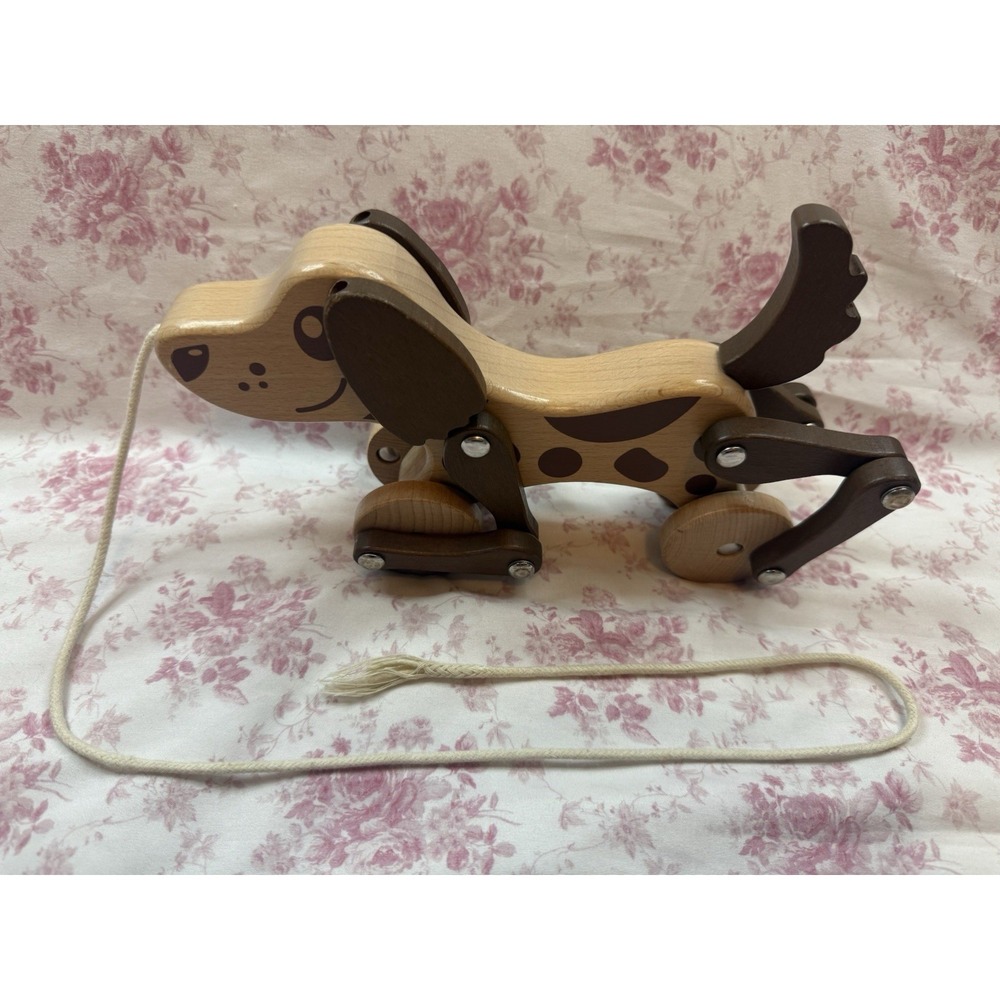 Montessori Wooden Pull Along Dog Toy Moving Legs Wheels Brown Spotted 10 Inch